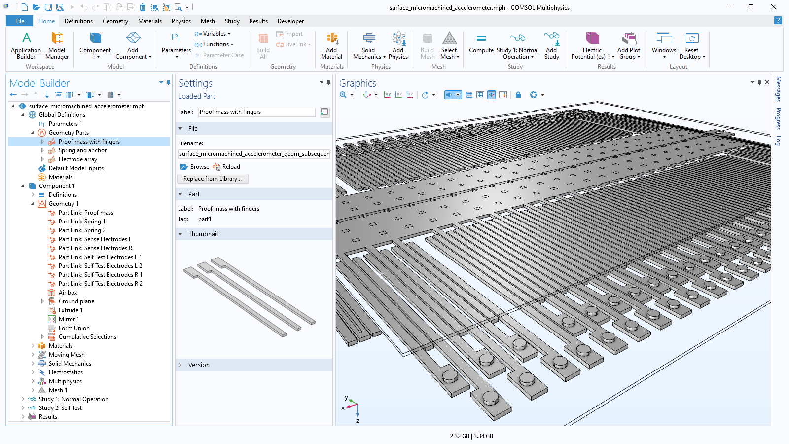 The COMSOL Multiphysics UI showing the Model Builder with the Proof mass with fingers node highlighted, the corresponding Settings window, and an accelerometer model in the Graphics window.
