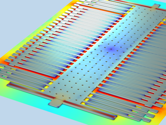 表面微机械加速度计模型的特写视图，其中显示电势。