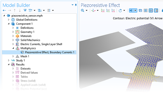 Vista in primo piano del Model Builder con il nodo Piezoresistive Effect, Boundary Currents evidenziato e un modello di sensore piezoresistivo nella finestra Graphics.