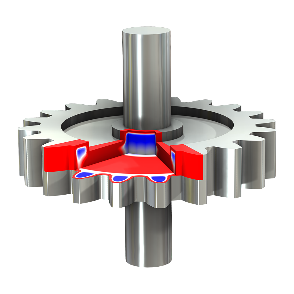 Un modèle d'engrenage droit en métal gris avec une petite section représentée en rouge, blanc et bleu.