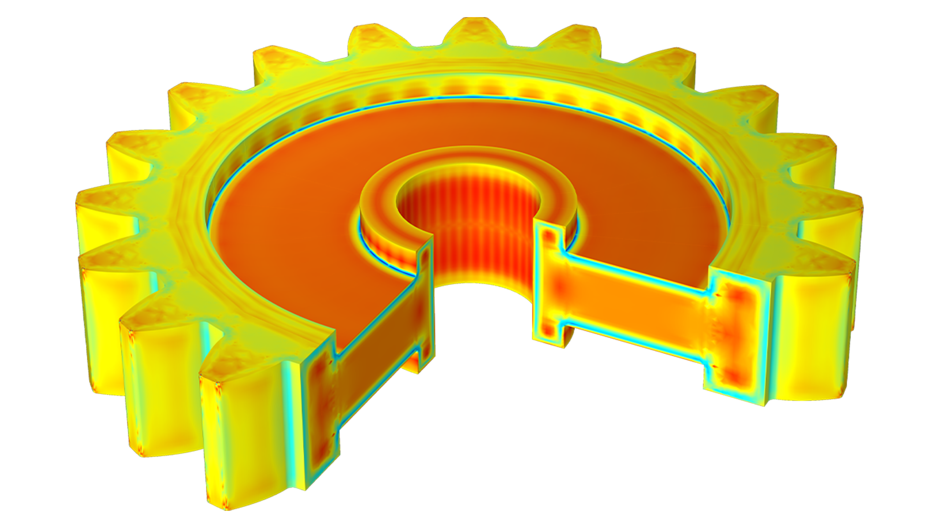 A model of a spur gear visualized in orange, yellow, and green, where a slice is missing, revealing the inside of the gear.