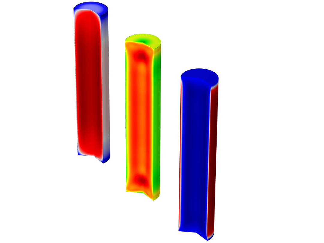 Tre modelli di una billetta in acciaio che mostrano frazione di fase della martensite, deformazione plastica e sollecitazione assiale.
