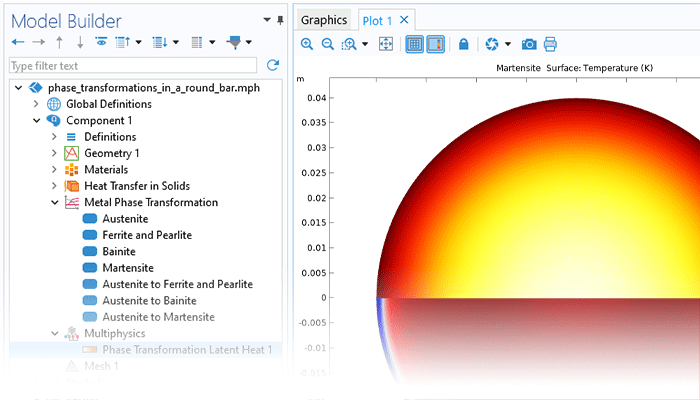 Visualizzazione in primo piano del Model Builder con il nodo Phase Transformation Latent Heat evidenziato e la temperatura di una barra rotonda nella finestra Graphics.