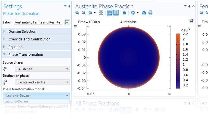 Visualizzazione in primo piano delle impostazioni di Phase Transformation e un grafico 2D della frazione di fase dell'austenite.