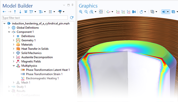 A close-up view of the Model Builder and a cylinder pin model in the Graphics window.
