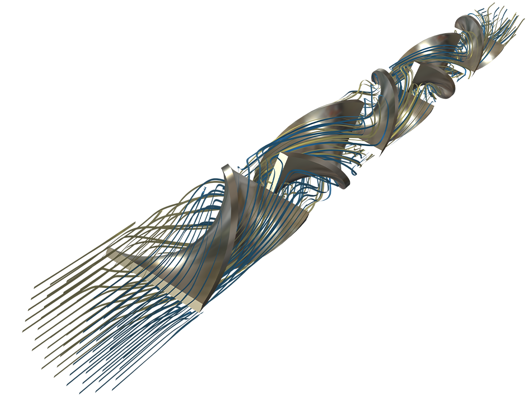 Ein Modell eines spiralförmigen statischen Mischers, das das Geschwindigkeitsfeld in Stromlinien zeigt.