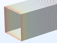 A close-up view of a rectangular model with rainbow contours.