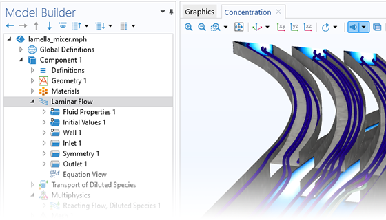 “模型开发器”（其中突出显示“层流”节点）和“图形”窗口（显示薄板混合器模型）的特写视图。