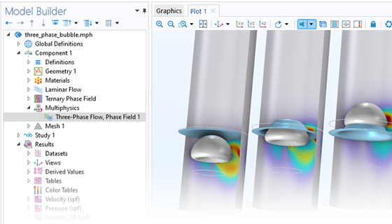 “模型开发器”（其中突出显示“三相流，相场”节点）和“图形”窗口（显示三相气泡模型）的特写视图。