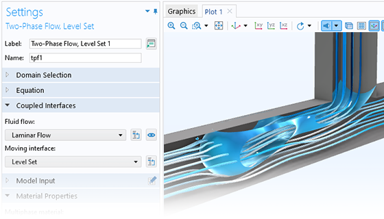 A close-up view of the Two-Phase Flow, Level Set node settings and a droplet breakup model in the Graphics window.
