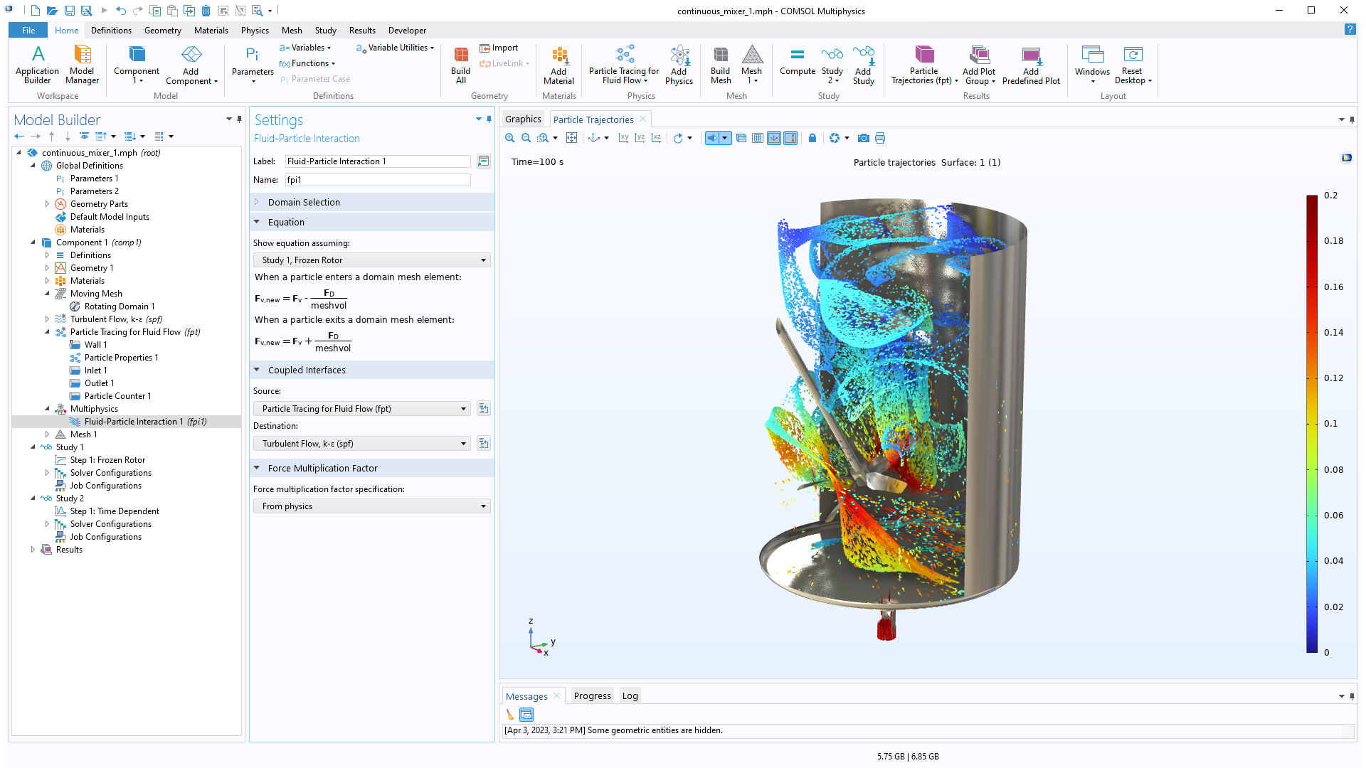 The COMSOL Multiphysics UI showing the Model Builder with the Fluid-Particle Interaction node highlighted, the corresponding Settings window, and a mixer model in the Graphics window.