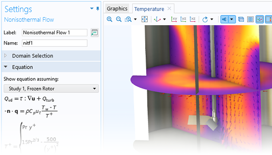 A close-up view of the Nonisothermal Flow settings and a mixer model in the Graphics window.