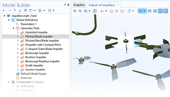 A close-up view of the Model Builder with a loaded part node highlighted and a set of impellers in the Graphics window.