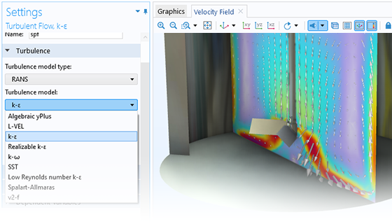 A close-up view of the Turbulent Flow, k-ε settings and a mixer model in the Graphics window.