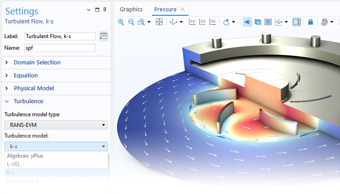 A close-up view of the Turbulent Flow settings and a radial pump model in the Graphics window.