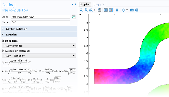A close-up view of the Free Molecular Flow settings and an s-bend benchmark model in the Graphics window.