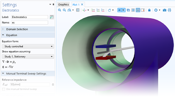 A close-up view of the Electrostatics settings and a charge exchange cell model in the Graphics window.