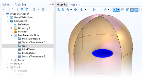 “模型开发器”（其中突出显示“壁”节点）和“图形”窗口（显示蒸发器模型）的特写视图。