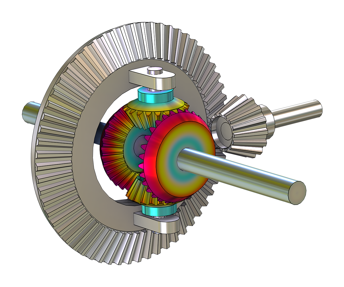 A differential gear model showing the displacement magnitude in the Prism color table.