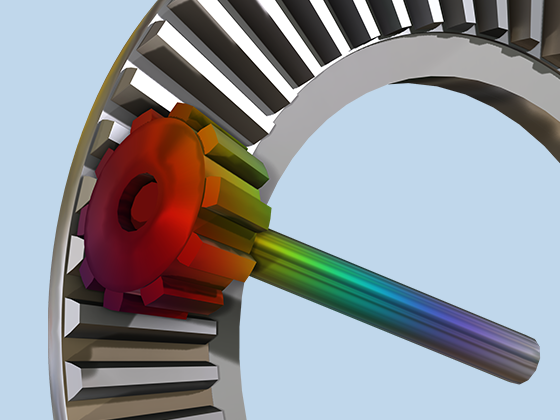 A close-up view of a conical bevel gear model on a rigid body.