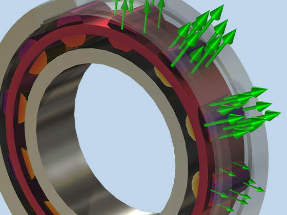 A close-up view of a roller bearing model showing the velocity magnitude and direction of contact forces.