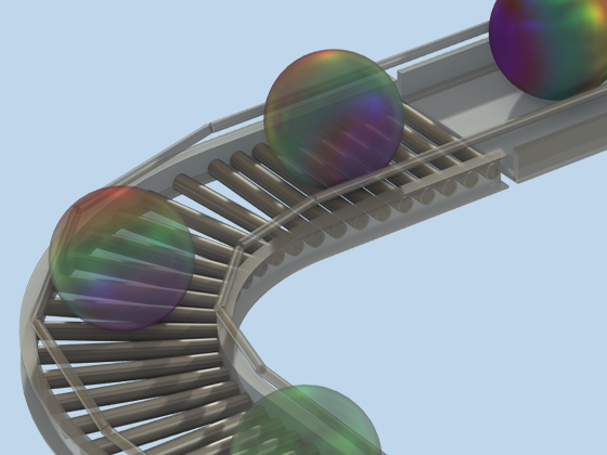 A close-up view of a roller conveyor model showing the frictional contact.
