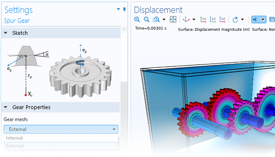 A close-up view of the Spur Gear settings and a gear train model in the Graphics window.