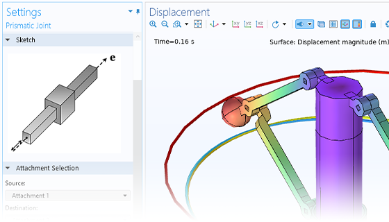A close-up view of the Prismatic Joint settings and a centrifugal governor model in the Graphics window