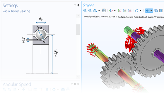 “径向滚子轴承”设置和“图形”窗口（显示齿轮模型）的特写视图。