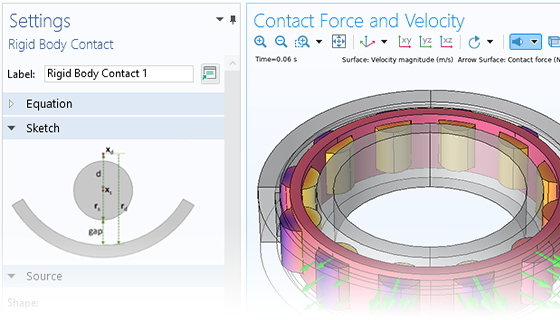 A close-up view of the Rigid Body Contact settings and a cylindrical roller bearing model in the Graphics window.