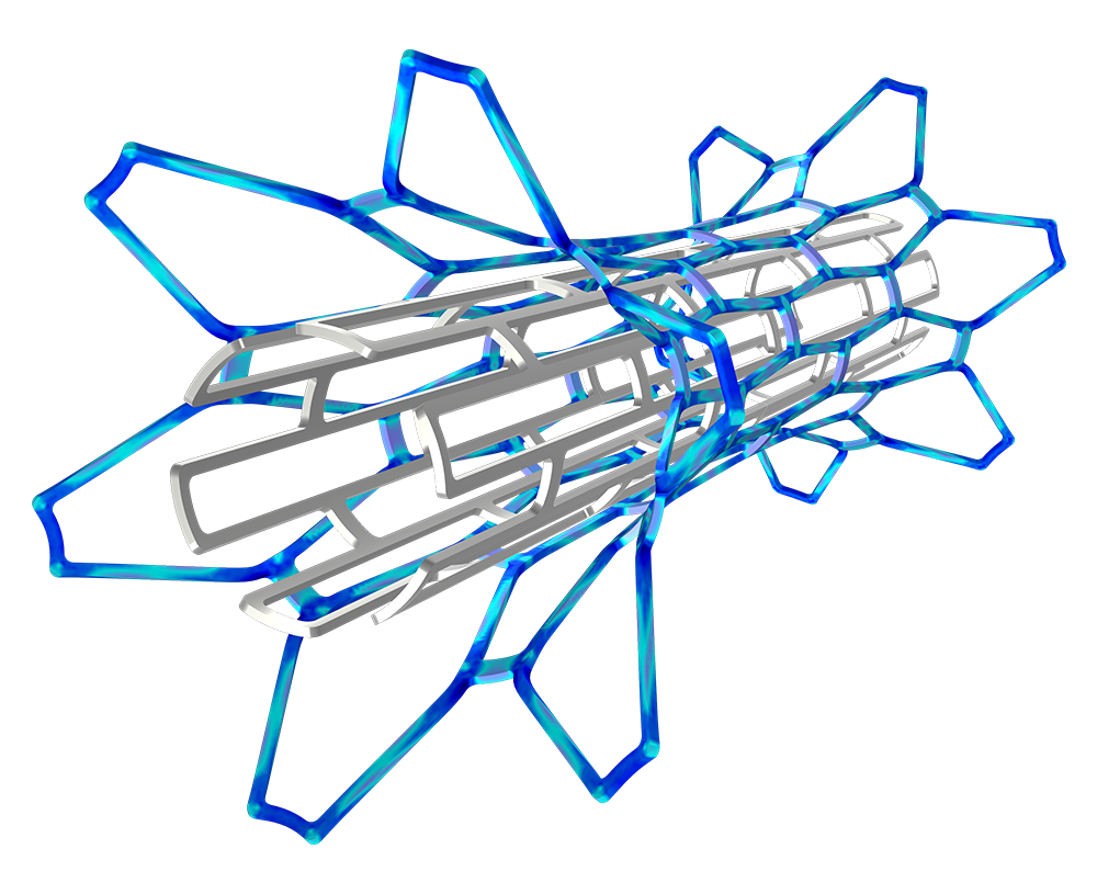 Модель стента серебряного цвета, напряжения при максимальном расширении продемонстрированы синим.