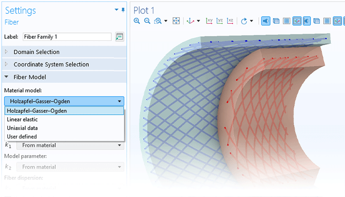 A closeup view of the Fiber settings and an arterial wall model in the Graphics window.