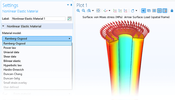 A closeup view of the Nonlinear Elastic Material settings and two Graphics windows of a 3D and 1D plot.