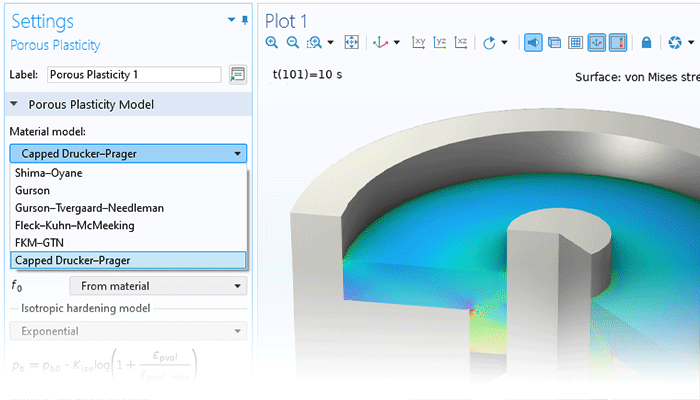 Visualizzazione in primo piano delle impostazioni Porous Plasticity e un modello di compattatore di polvere nella finestra Graphics.
