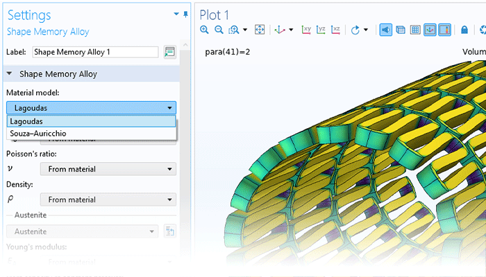 A closeup view of the Shape Memory Alloy settings and a stent model in the Graphics window.