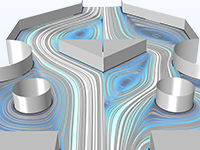 Увеличенное изображение модели микроклапана Тесла с визуализацией поля течения.