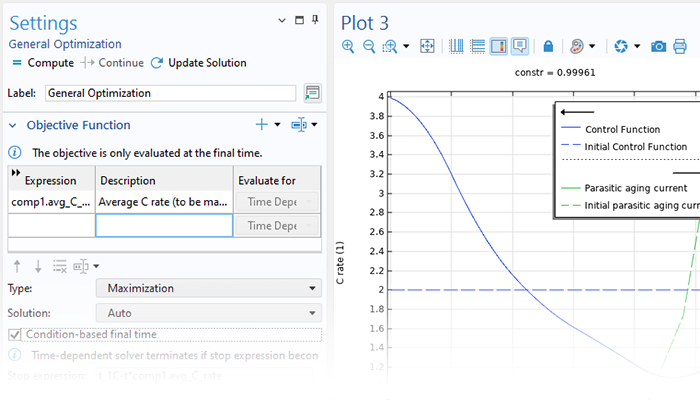 A close-up view of the General Optimization study Settings window and two brace models in the plot windows.
