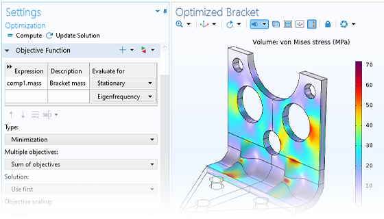 A close-up view of the Optimization study Settings window and an optimized bracket model in the Graphics window.