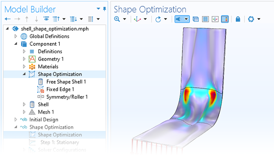 Detailansicht des Model Builders mit hervorgehobenem Knoten Shape Optimization und einem optimierten Modell im Grafikfenster.