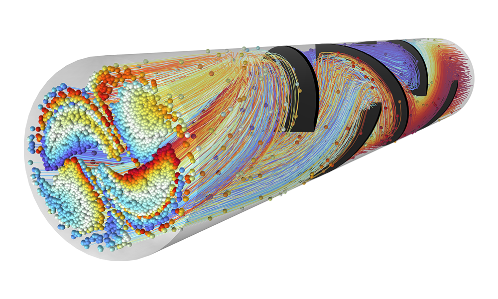 A mixer model showing the particle trajectories in the Rainbow color table.