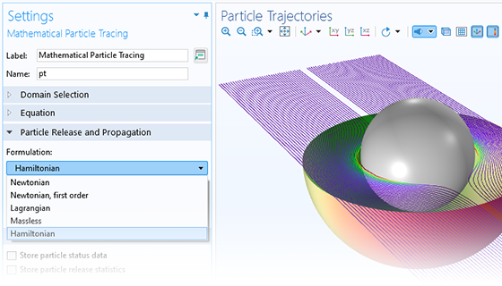 A close-up view of the Mathematical Particle Tracing settings and an ideal cloak model in the Graphics window.