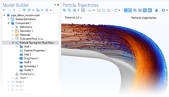“模型开发器”的特写视图，其中突出显示“流体流动颗粒跟踪”节点；“图形”窗口中显示管道弯头模型。