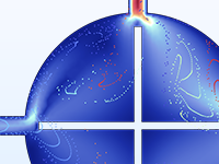 A close-up view of a micromixer model with particles mixing.
