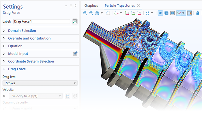 A close-up view of the Settings window for the built-in Drag Force feature and the particle trajectories in a cascade impactor.