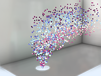 A close-up view of a rectangular container with particles dispersing. 