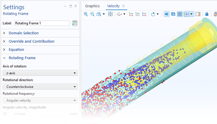 A close-up view of the Settings window for the Rotating Frame feature and the particle trajectories in a tubular centrifuge.