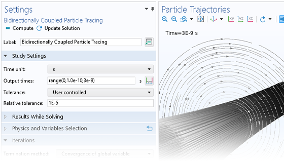 A close-up view of the Bidirectionally Coupled Particle Tracing settings and an electron beam model in the Graphics window.