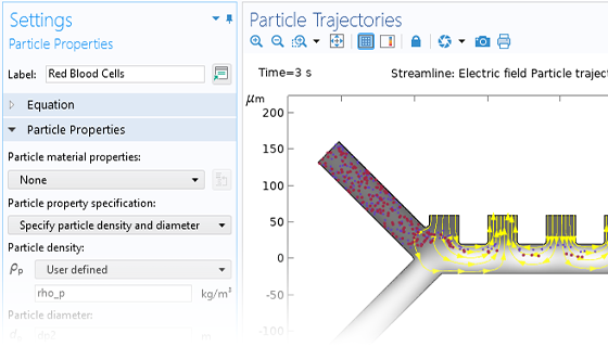 A close-up view of the Particle Properties settings and a dielectrophoretic separation model in the Graphics window.