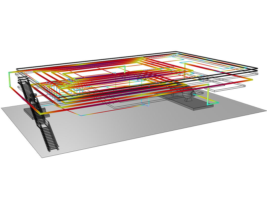 Ein Rohrleitungsnetzmodell, das die Temperaturverteilung in der Prism-Farbtabelle zeigt.