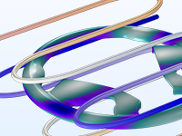 Увеличенное изображение распределения температуры в модели литьевой формы для рулевого колеса.
